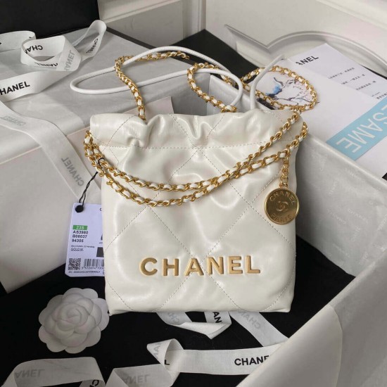 CHANEL 22 MINI HANDBAG Calfskin, Gold-Tone White AS3980