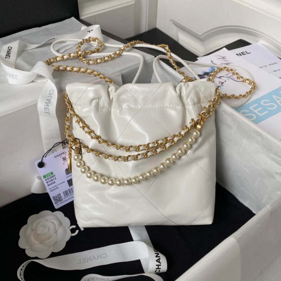 CHANEL 22 MINI HANDBAG Shiny Grained Calfskin, Gold-Tone & Pearl White AS3980