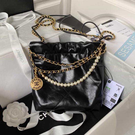 CHANEL 22 MINI HANDBAG Shiny Grained Calfskin, Gold-Tone & Pearl Black AS3980