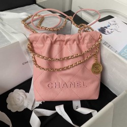 CHANEL 22 MINI HANDBAG Shiny Grained Calfskin, Gold-Tone & Lacquered Pink AS3980