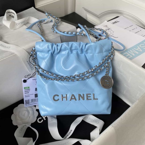 CHANEL 22 MINI HANDBAG Calfskin, Silver-Tone Blue AS3980