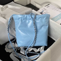 CHANEL 22 MINI HANDBAG Calfskin, Silver-Tone Blue AS3980