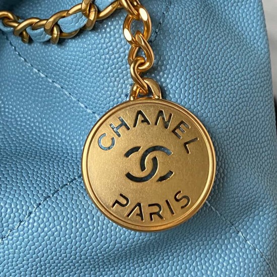 CHANEL 22 MINI HANDBAG Shiny Grained Calfskin, Gold-Tone & Lacquered Blue AS3980