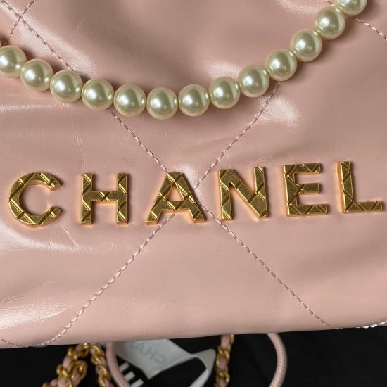 CHANEL 22 MINI HANDBAG Shiny Grained Calfskin, Gold-Tone & Pearl Pink AS3980