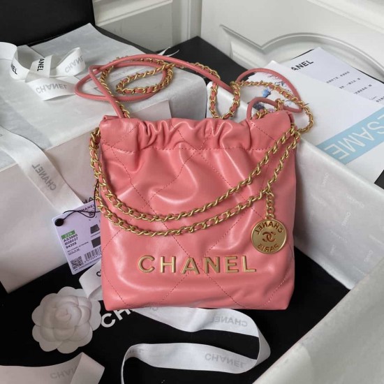 CHANEL 22 MINI HANDBAG Calfskin, Gold-Tone Coral Pink  AS3980