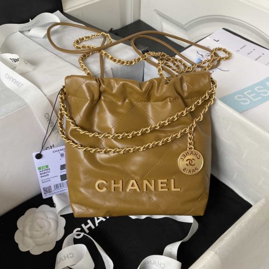 CHANEL 22 MINI HANDBAG Calfskin, Gold-Tone Brown AS3980