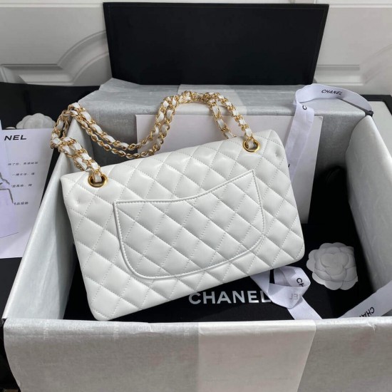 CHANEL CLASSIC FLAP HANDBAG Lambskin & Gold-Tone Metal White A01112 