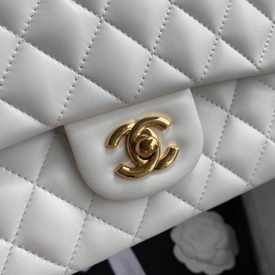 CHANEL CLASSIC FLAP HANDBAG Lambskin & Gold-Tone Metal White A01112 