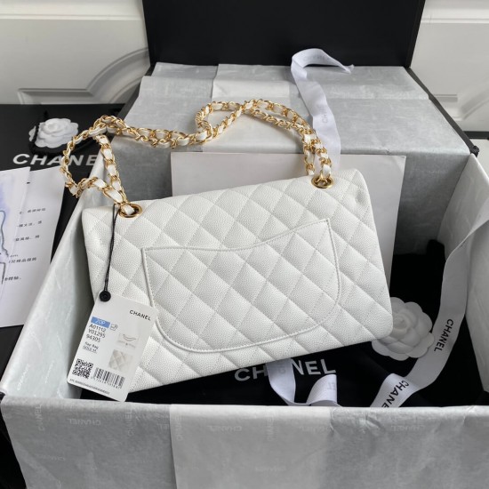 CHANEL CLASSIC FLAP HANDBAG Grained Calfskin & Gold-Tone Metal White A01112 