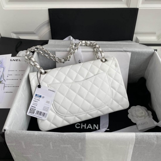 CHANEL CLASSIC FLAP HANDBAG Grained Calfskin & Silver-Tone Metal White A01112 