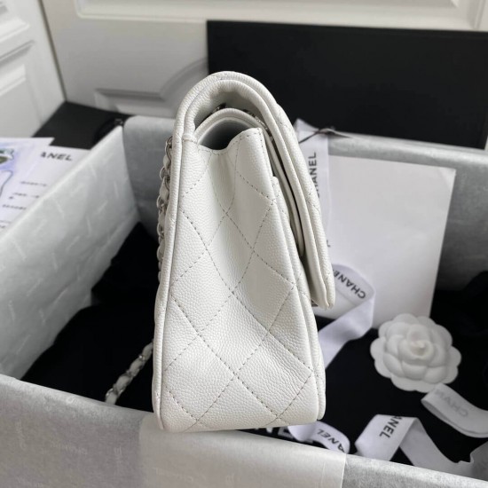 CHANEL CLASSIC FLAP HANDBAG Grained Calfskin & Silver-Tone Metal White A01112 