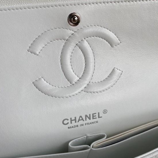 CHANEL CLASSIC FLAP HANDBAG Grained Calfskin & Silver-Tone Metal White A01112 