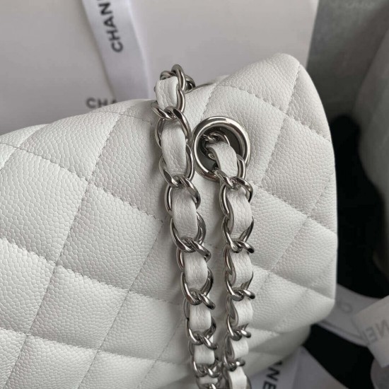 CHANEL CLASSIC FLAP HANDBAG Grained Calfskin & Silver-Tone Metal White A01112 