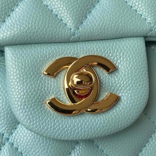 CHANEL CLASSIC FLAP HANDBAG Grained Calfskin & Gold-Tone Metal Blue A01112 