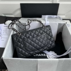 CHANEL CLASSIC FLAP HANDBAG Grained Calfskin & Silver-Tone Metal Black A01112 