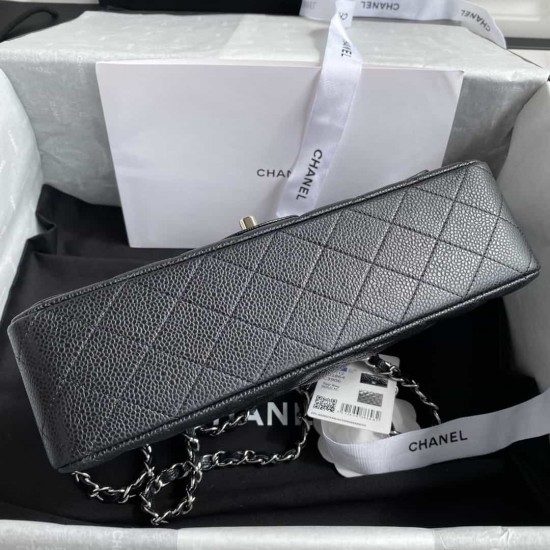 CHANEL CLASSIC FLAP HANDBAG Grained Calfskin & Silver-Tone Metal Black A01112 