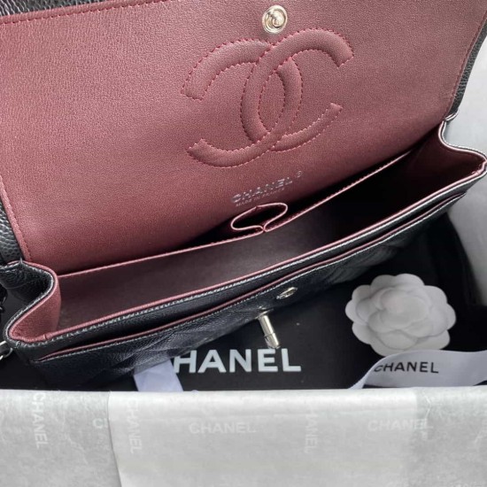 CHANEL CLASSIC FLAP HANDBAG Grained Calfskin & Silver-Tone Metal Black A01112 