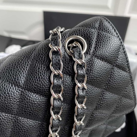 CHANEL CLASSIC FLAP HANDBAG Grained Calfskin & Silver-Tone Metal Black A01112 