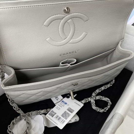 CHANEL CLASSIC FLAP HANDBAG Grained Calfskin & Silver-Tone Metal Grey A01112 