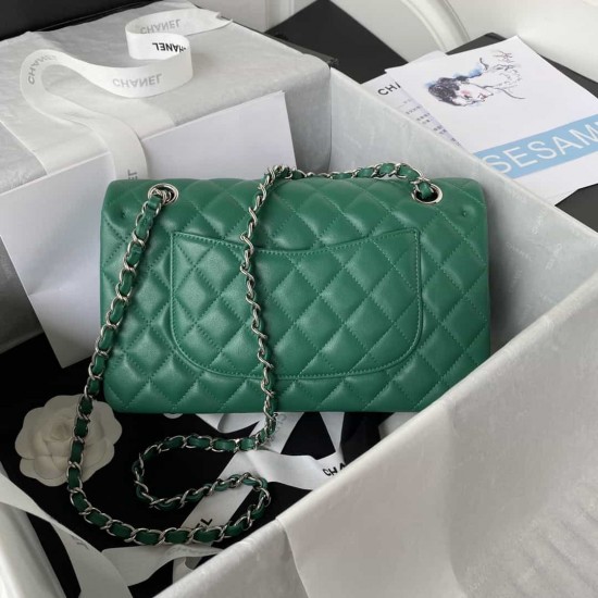 CHANEL CLASSIC FLAP HANDBAG Lambskin & Silver-Tone Metal Green A01112 