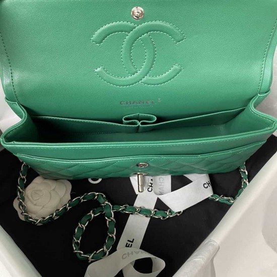 CHANEL CLASSIC FLAP HANDBAG Lambskin & Silver-Tone Metal Green A01112 