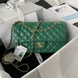 CHANEL CLASSIC FLAP HANDBAG Lambskin & Gold-Tone Metal Green A01112 