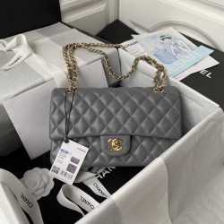 CHANEL CLASSIC FLAP HANDBAG Lambskin & Gold-Tone Metal Grey A01112 