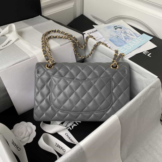 CHANEL CLASSIC FLAP HANDBAG Lambskin & Gold-Tone Metal Grey A01112 