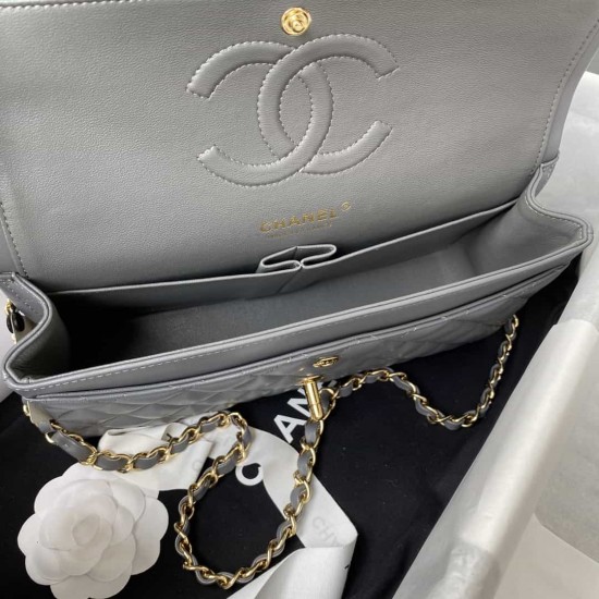 CHANEL CLASSIC FLAP HANDBAG Lambskin & Gold-Tone Metal Grey A01112 