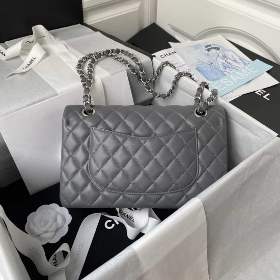 CHANEL CLASSIC FLAP HANDBAG Lambskin & Silver-Tone Metal Grey A01112 