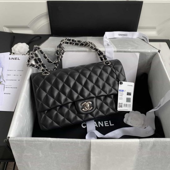 CHANEL CLASSIC FLAP HANDBAG Lambskin & Silver-Tone Metal Black A01112 