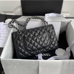 CHANEL CLASSIC FLAP HANDBAG Lambskin & Silver-Tone Metal Black A01112 