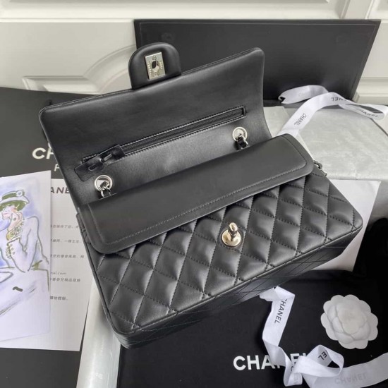 CHANEL CLASSIC FLAP HANDBAG Lambskin & Silver-Tone Metal Black A01112 