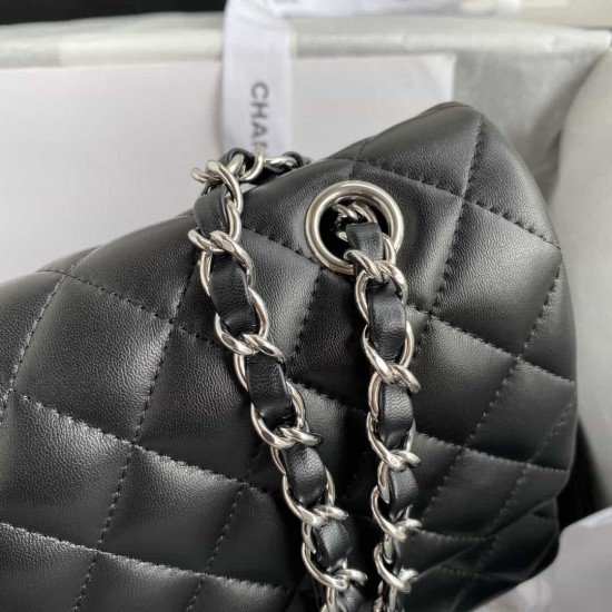 CHANEL CLASSIC FLAP HANDBAG Lambskin & Silver-Tone Metal Black A01112 