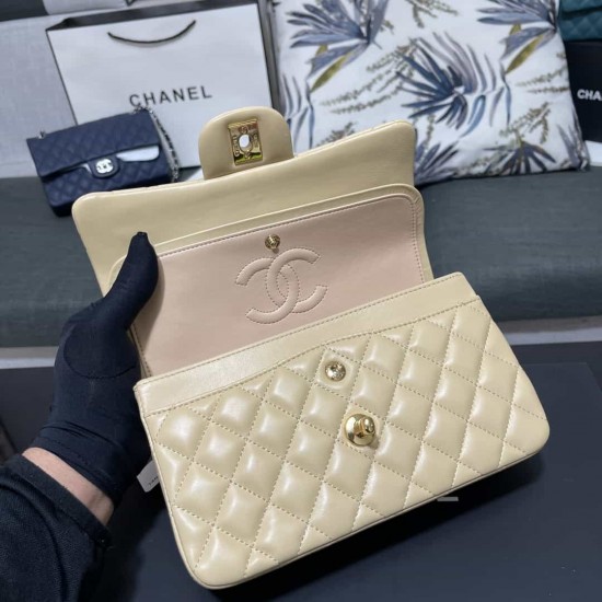 CHANEL SMALL CLASSIC FLAP HANDBAG Lambskin & Gold-Tone Metal Yellow A01113