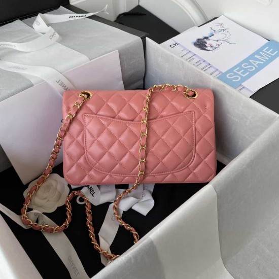 CHANEL SMALL CLASSIC FLAP HANDBAG Lambskin & Gold-Tone Metal Pink A01113