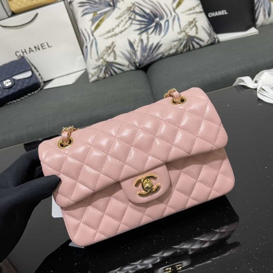 CHANEL SMALL CLASSIC FLAP HANDBAG Lambskin & Gold-Tone Metal Pink A01113