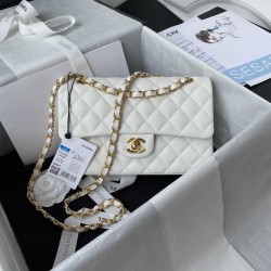 CHANEL SMALL CLASSIC FLAP HANDBAG Lambskin & Gold-Tone Metal White A01113