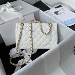 CHANEL SMALL CLASSIC FLAP HANDBAG Lambskin & Gold-Tone Metal White A01113