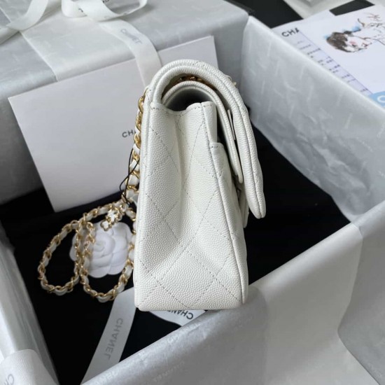 CHANEL SMALL CLASSIC FLAP HANDBAG Lambskin & Gold-Tone Metal White A01113