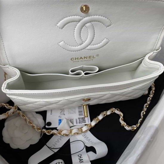 CHANEL SMALL CLASSIC FLAP HANDBAG Lambskin & Gold-Tone Metal White A01113