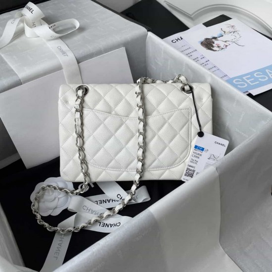 CHANEL SMALL CLASSIC FLAP HANDBAG Lambskin & Silver-Tone Metal White A01113