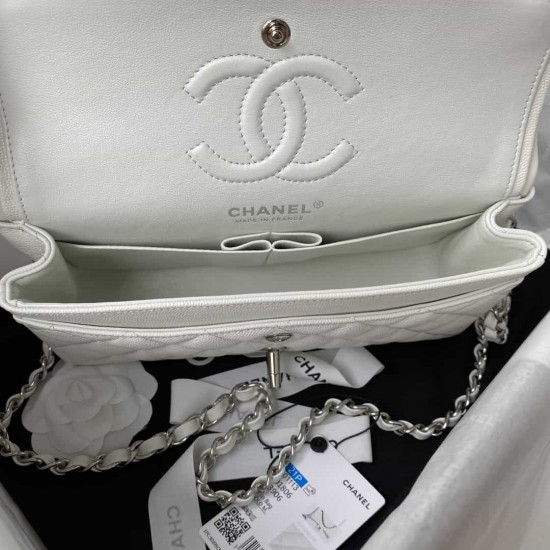 CHANEL SMALL CLASSIC FLAP HANDBAG Lambskin & Silver-Tone Metal White A01113