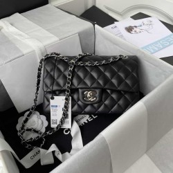 CHANEL SMALL CLASSIC FLAP HANDBAG Lambskin & Silver-Tone Metal Black A01113