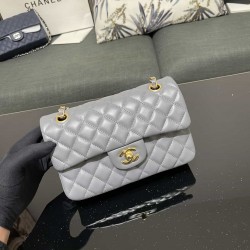 CHANEL SMALL CLASSIC FLAP HANDBAG Lambskin & Gold-Tone Metal Grey A01113