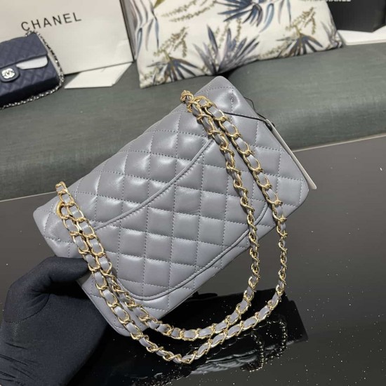 CHANEL SMALL CLASSIC FLAP HANDBAG Lambskin & Gold-Tone Metal Grey A01113