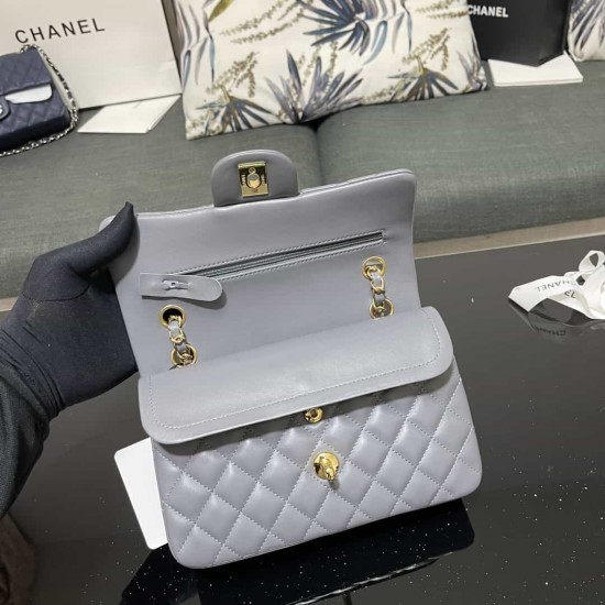 CHANEL SMALL CLASSIC FLAP HANDBAG Lambskin & Gold-Tone Metal Grey A01113