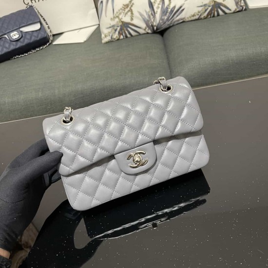 CHANEL SMALL CLASSIC FLAP HANDBAG Lambskin & Silver-Tone Metal Grey A01113