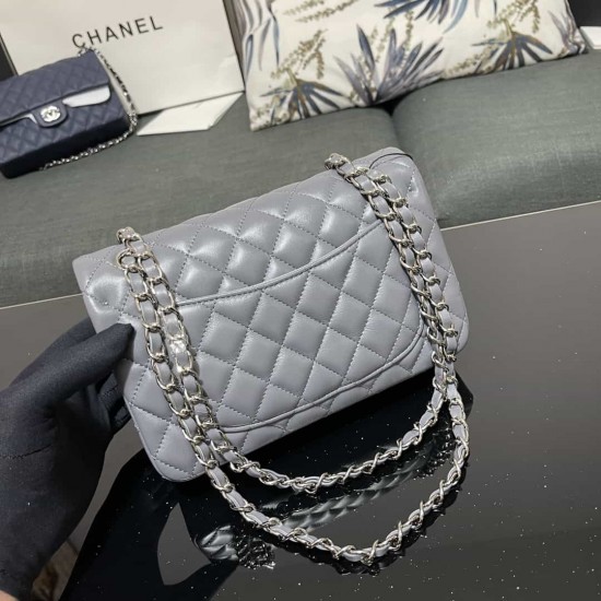 CHANEL SMALL CLASSIC FLAP HANDBAG Lambskin & Silver-Tone Metal Grey A01113