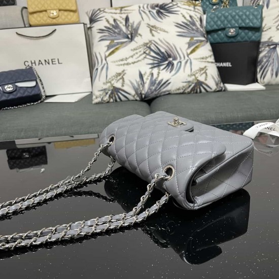 CHANEL SMALL CLASSIC FLAP HANDBAG Lambskin & Silver-Tone Metal Grey A01113